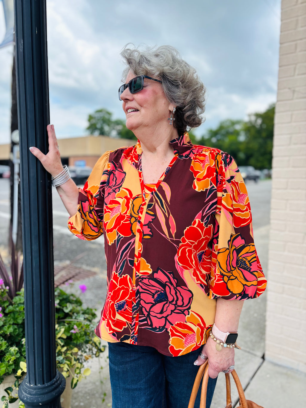 Floral Printed 3/4 Sleeve Blouse: Pink Brown Combo