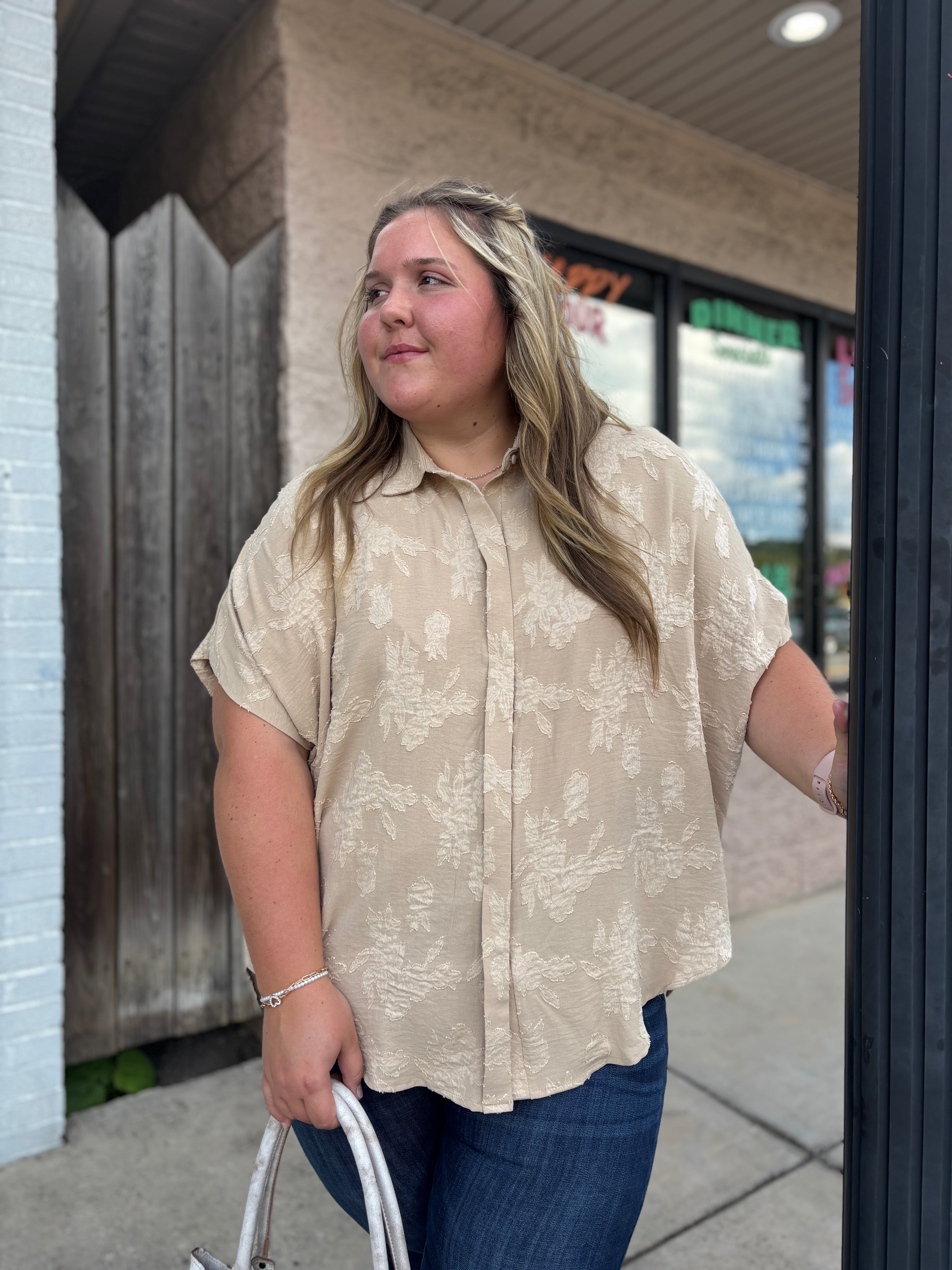 Floral Taupe Burnout Buttondown Top