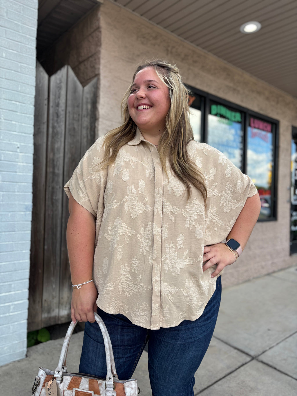 Floral Taupe Burnout Buttondown Top