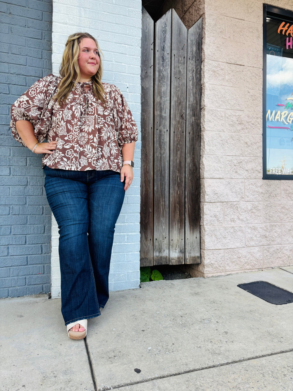 Plus Boho Printed Blouse: Mocha Wave