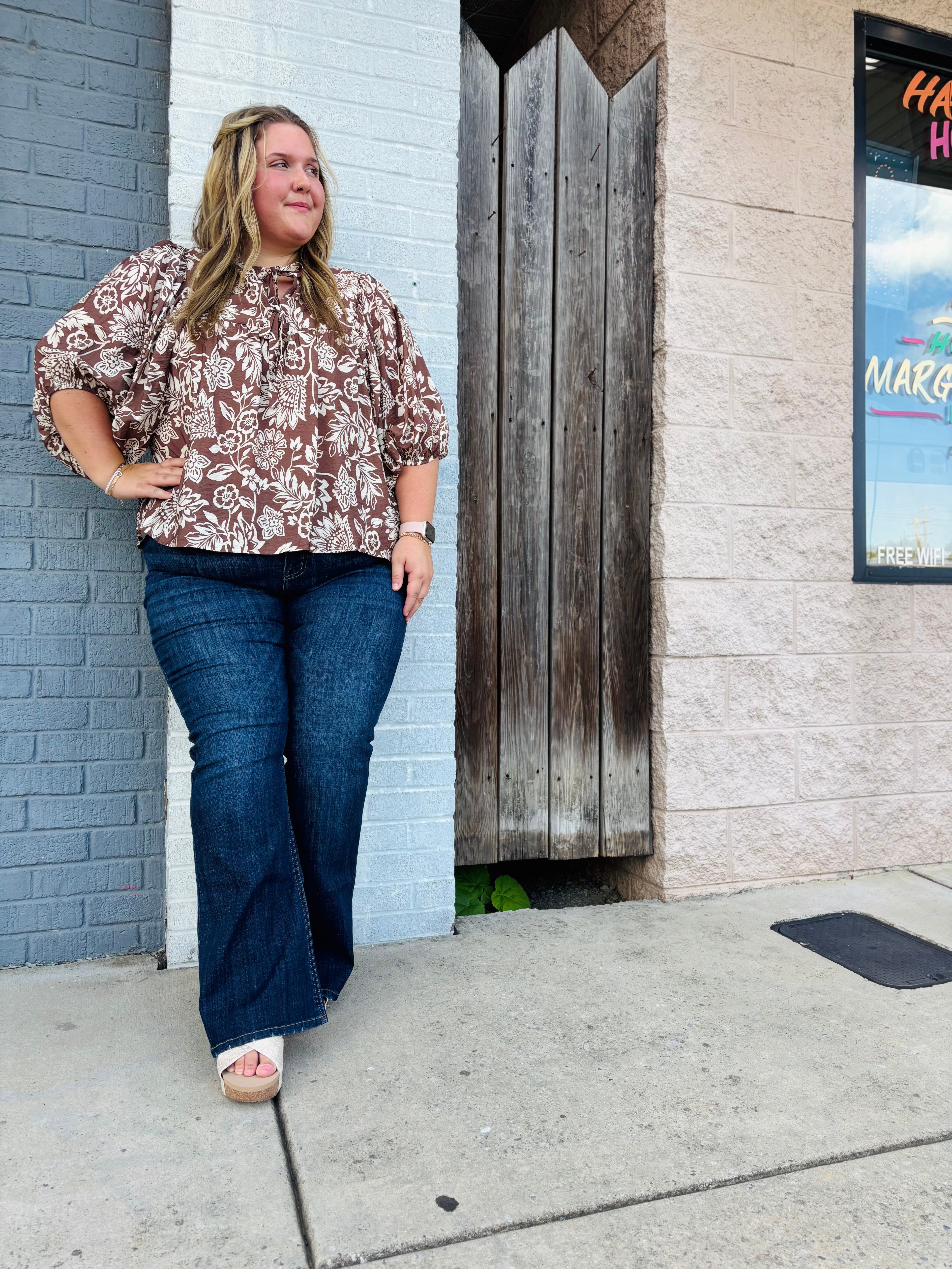 Plus Boho Printed Blouse: Mocha Wave