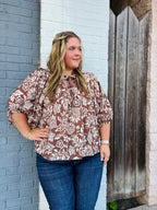 Plus Boho Printed Blouse: Mocha Wave