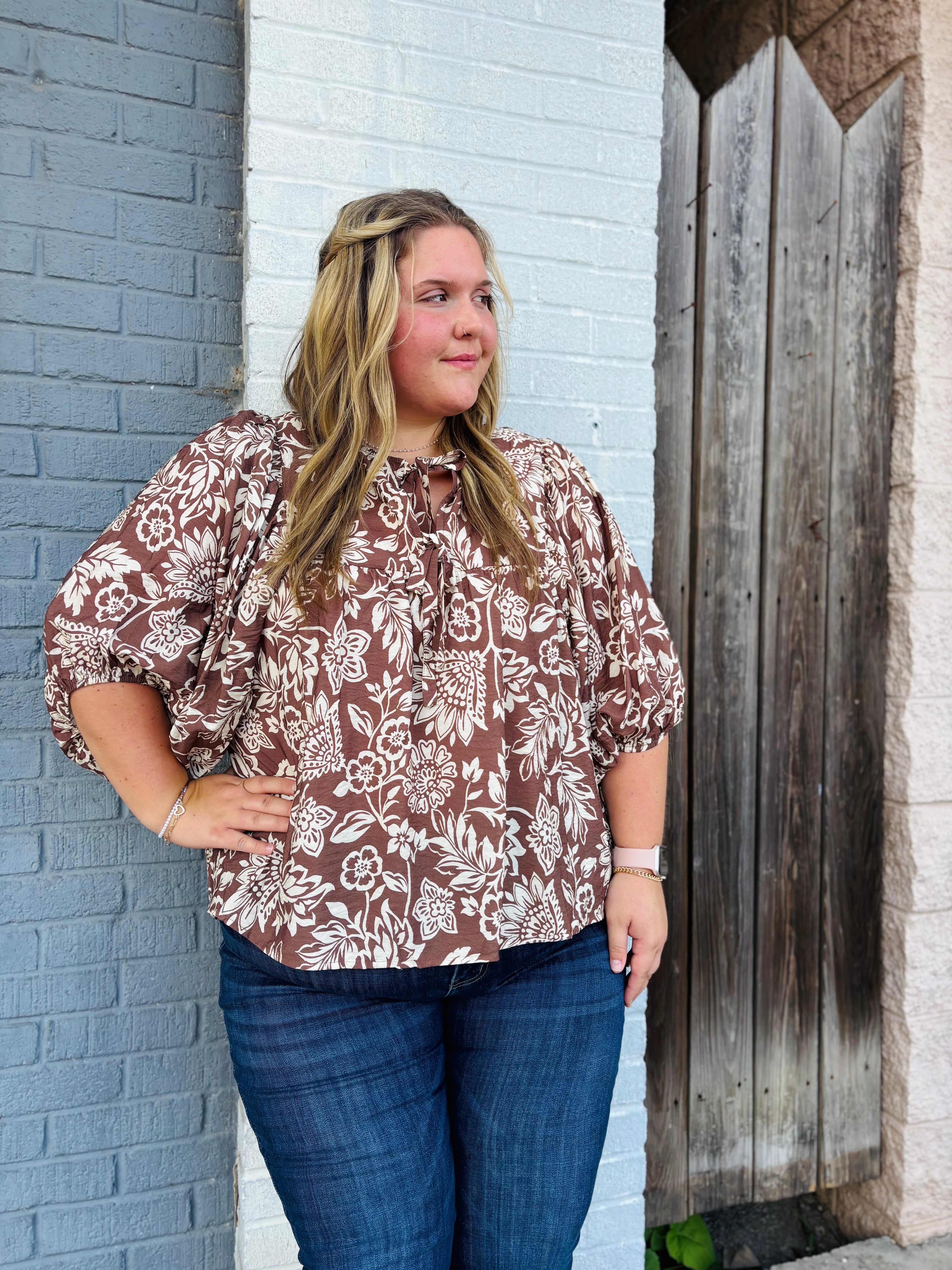 Plus Boho Printed Blouse: Mocha Wave