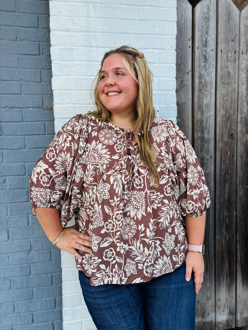 Plus Boho Printed Blouse: Mocha Wave