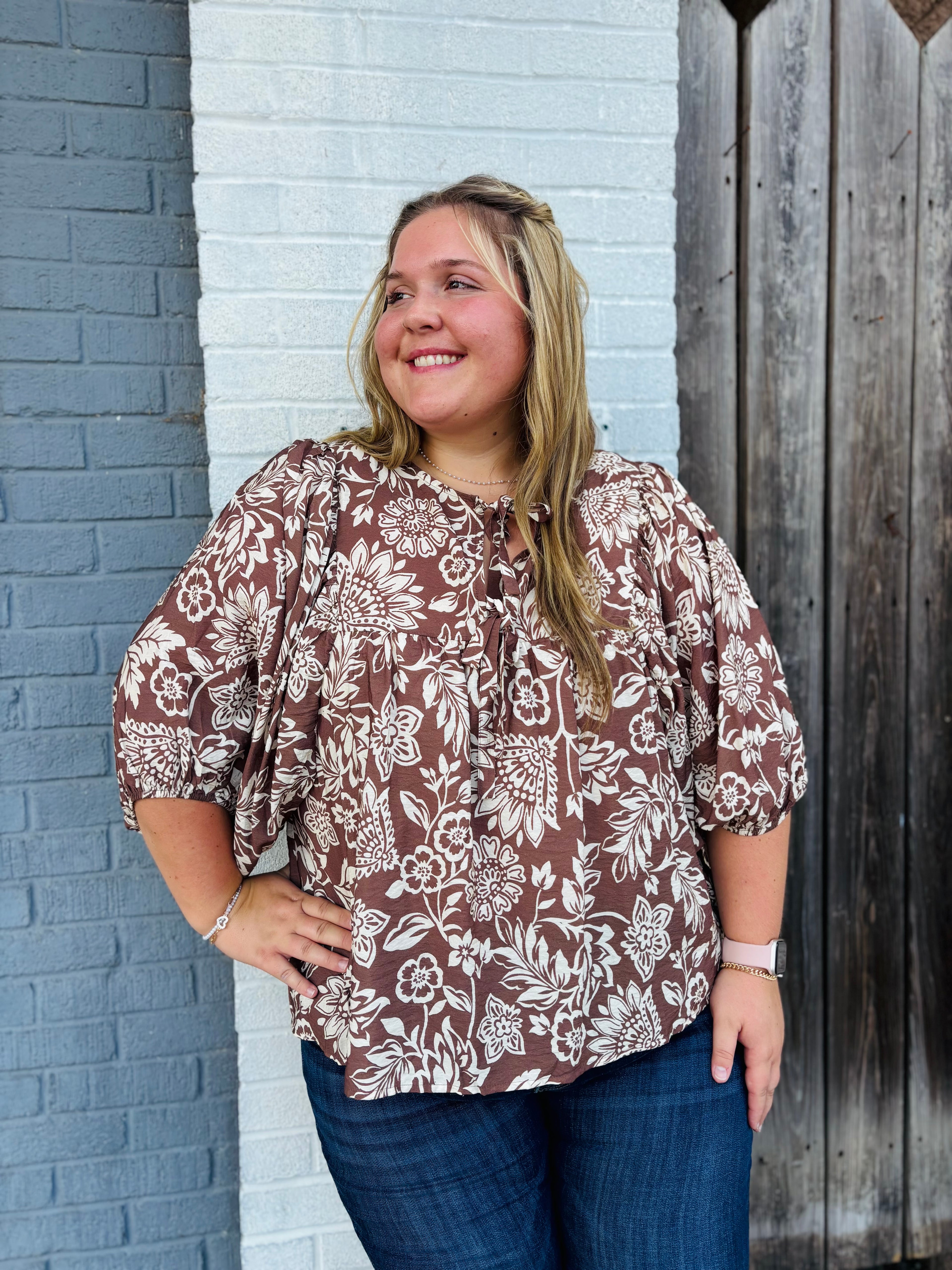Plus Boho Printed Blouse: Mocha Wave