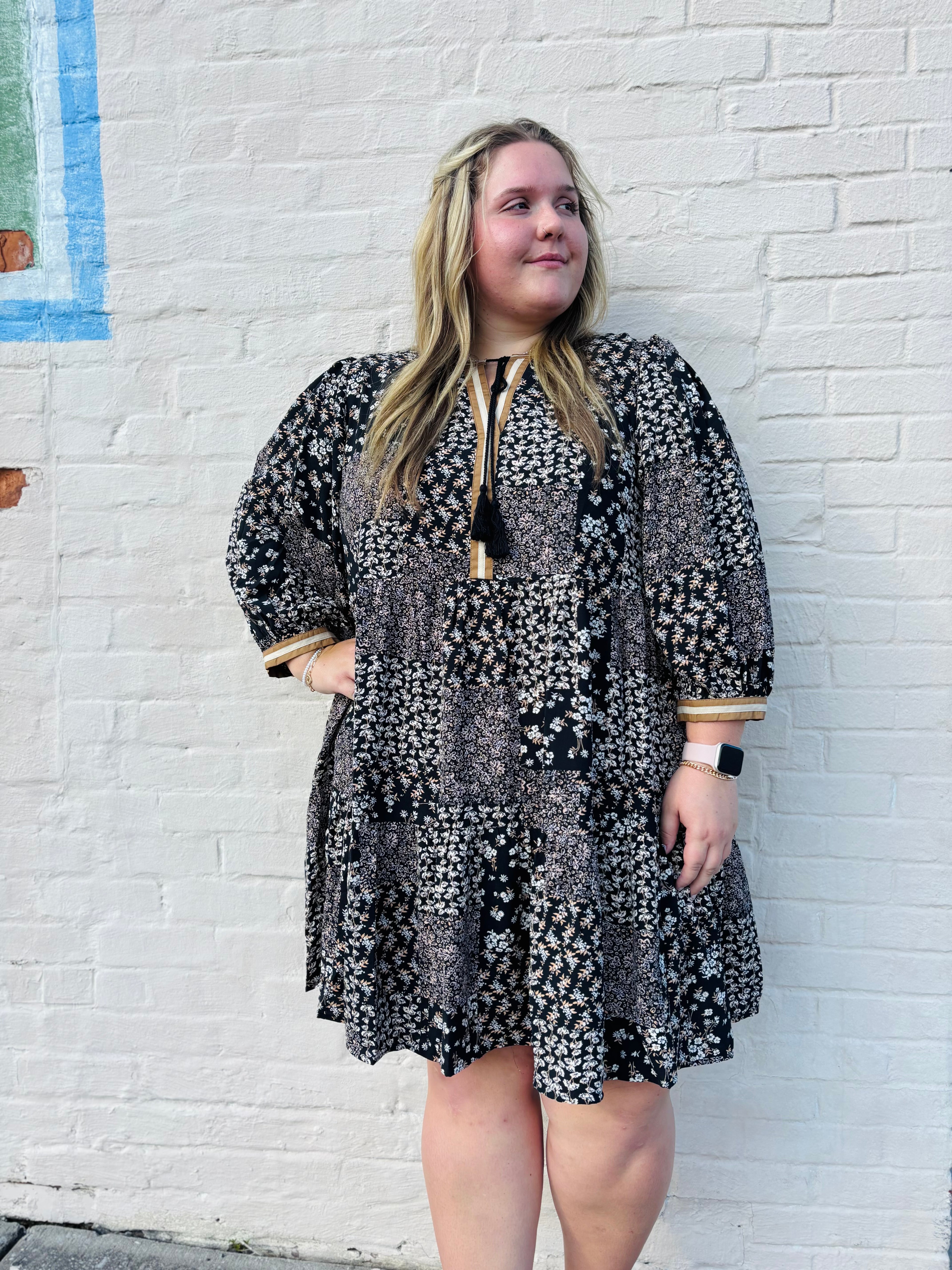 Plus Ditsy Floral Printed Dress: Black Multi