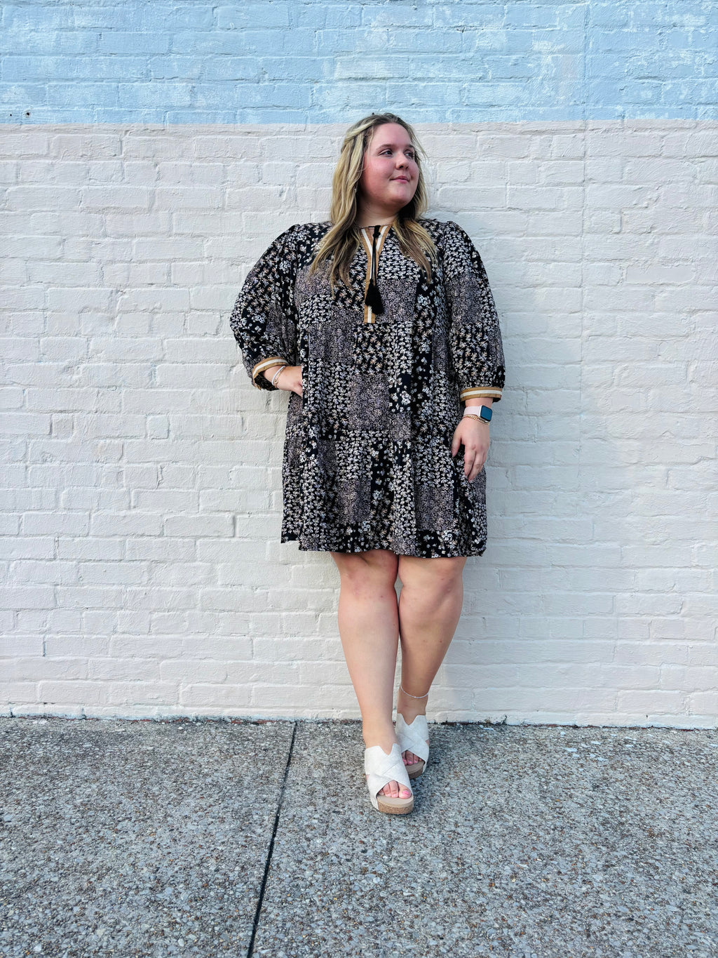 Plus Ditsy Floral Printed Dress: Black Multi