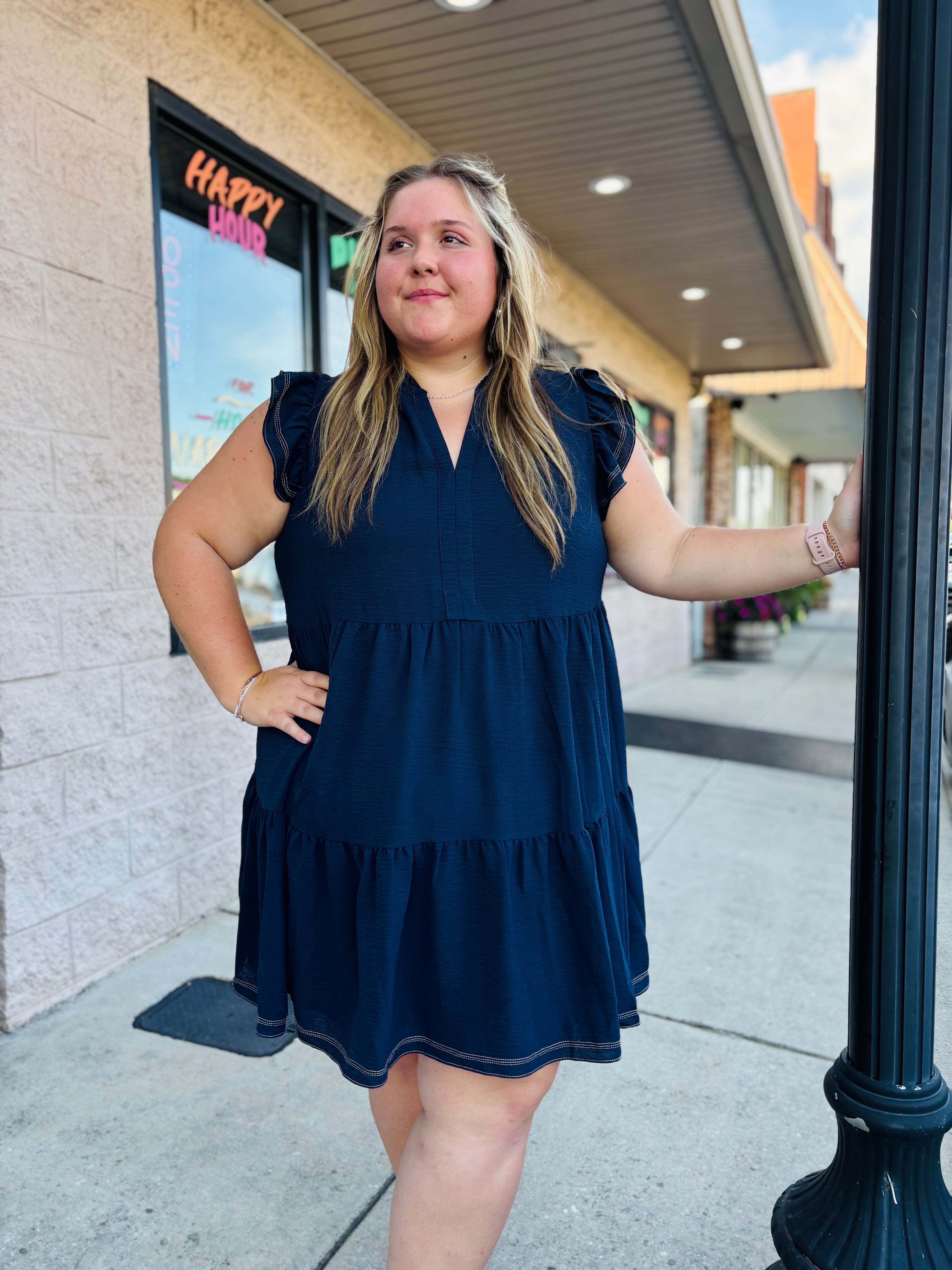 NAVY CONTRAST STITCHED TIERED DRESS