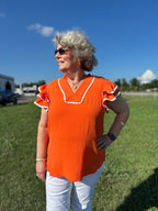 ORANGE/WHITE GAME DAY RUFFLE SLEEVE SCALLOP TRIM TOP