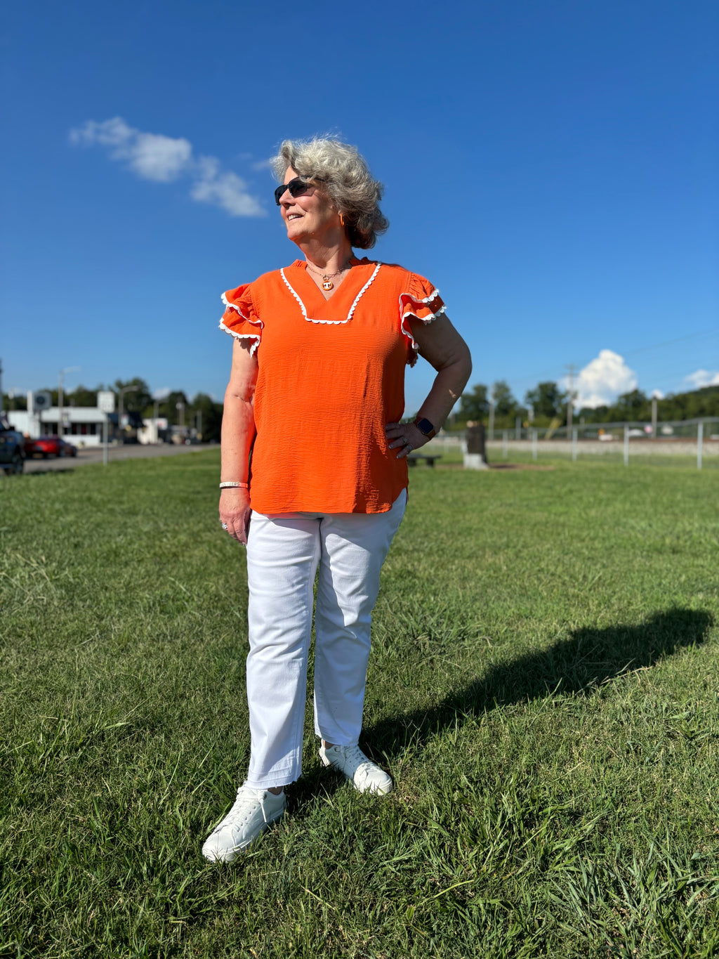 ORANGE/WHITE GAME DAY RUFFLE SLEEVE SCALLOP TRIM TOP