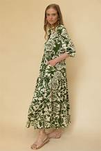 Olive/ Ivory 2 tone Print Satin Collared 3/4 Sleeve Maxi Dress