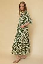 Olive/ Ivory 2 tone Print Satin Collared 3/4 Sleeve Maxi Dress