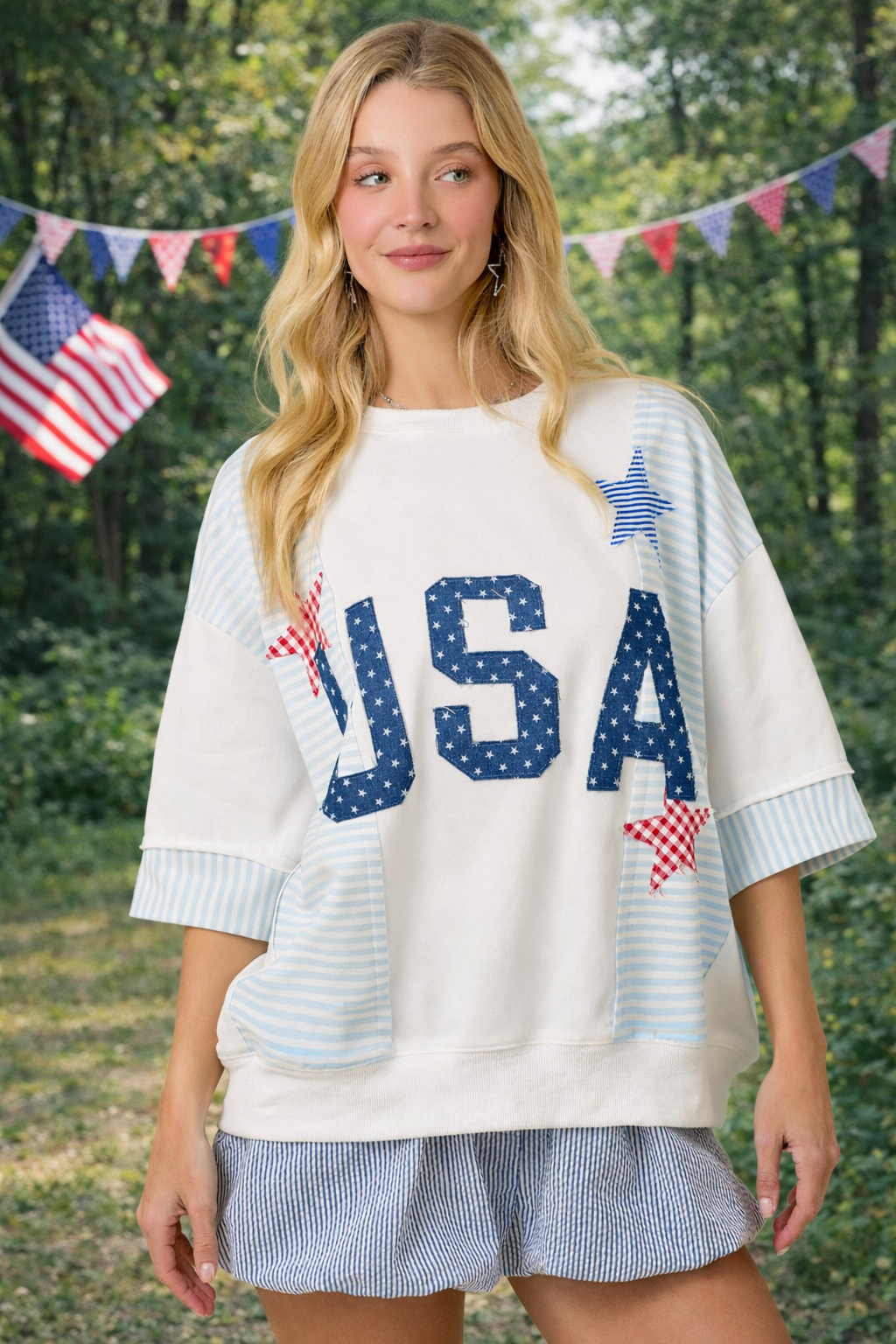 WHITE USA Star Patchwork Oversized Top