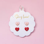 Colorful Enamel Love and XOXO Heart Stud Earring Set: Pink Red