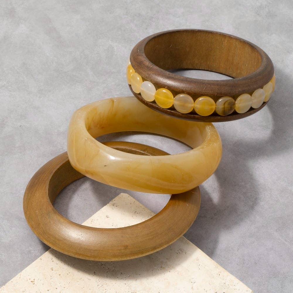 Wood And Resin Mixed Bangle Bracelet Set: BRN