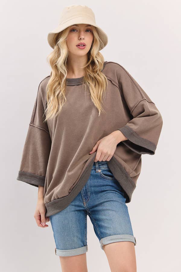 Mocha Mineral-Washed Oversized French Terry Top