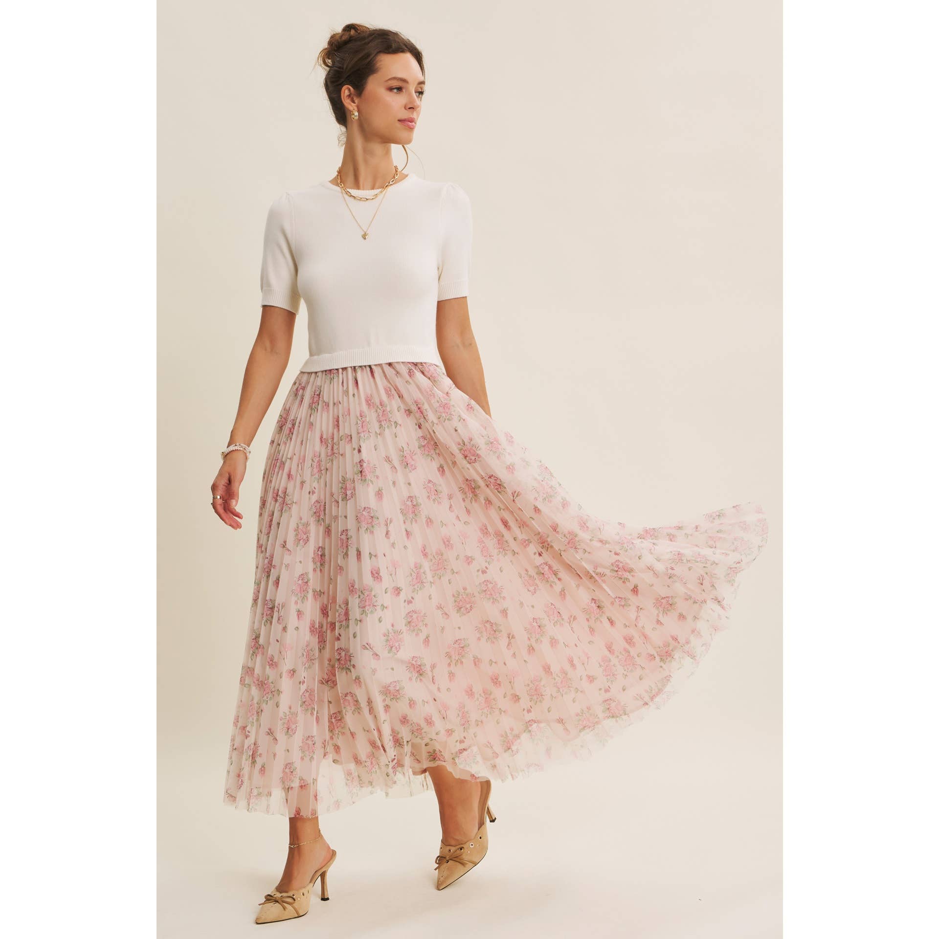 FIELD OF PLEATED WILDFLOWERS SWEATER TWOFER MIDI DRESS: PINK/LILAC