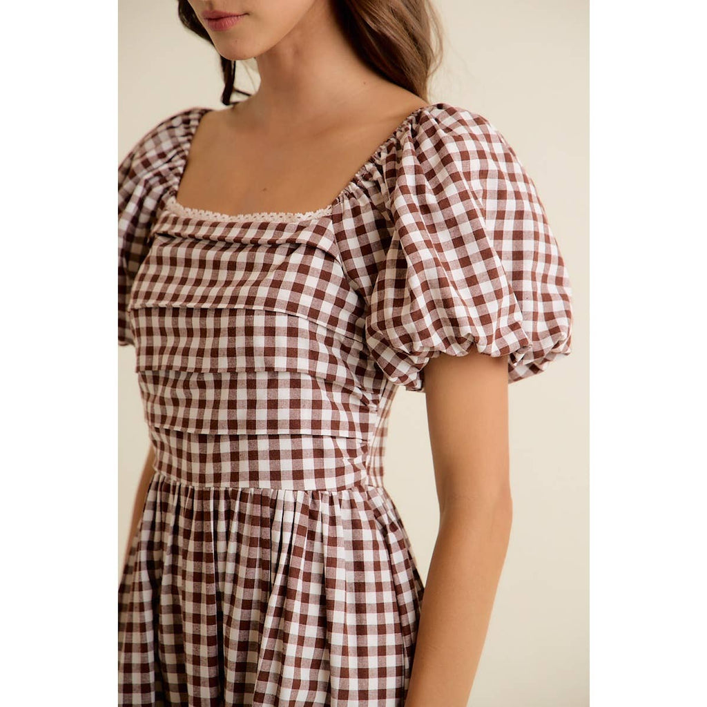 Brown GINGHAM LACE TRIM PUFF SLEEVES LINED MIDI DRESS