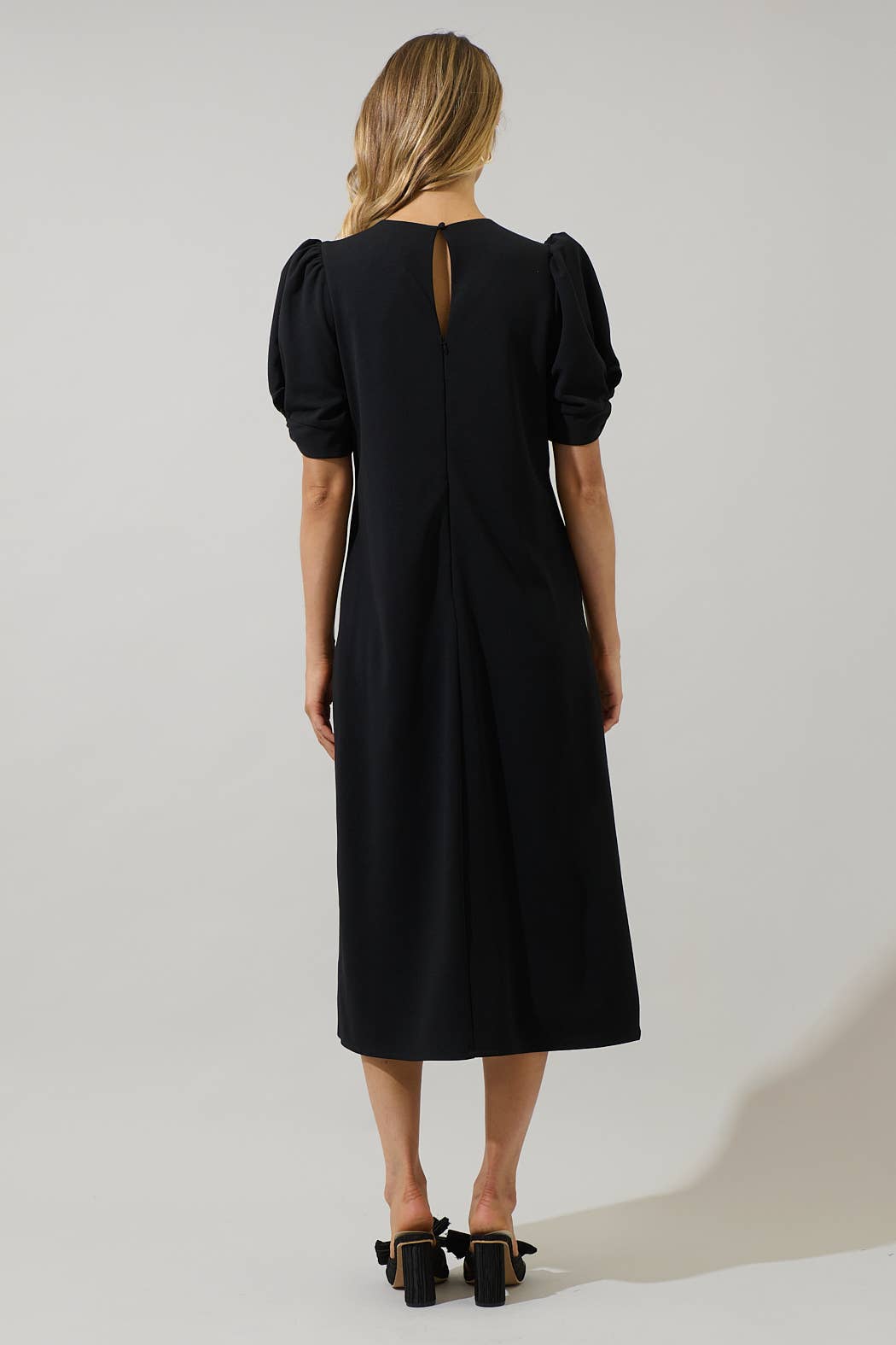 Thora Puff Sleeve Midi Dress: Black