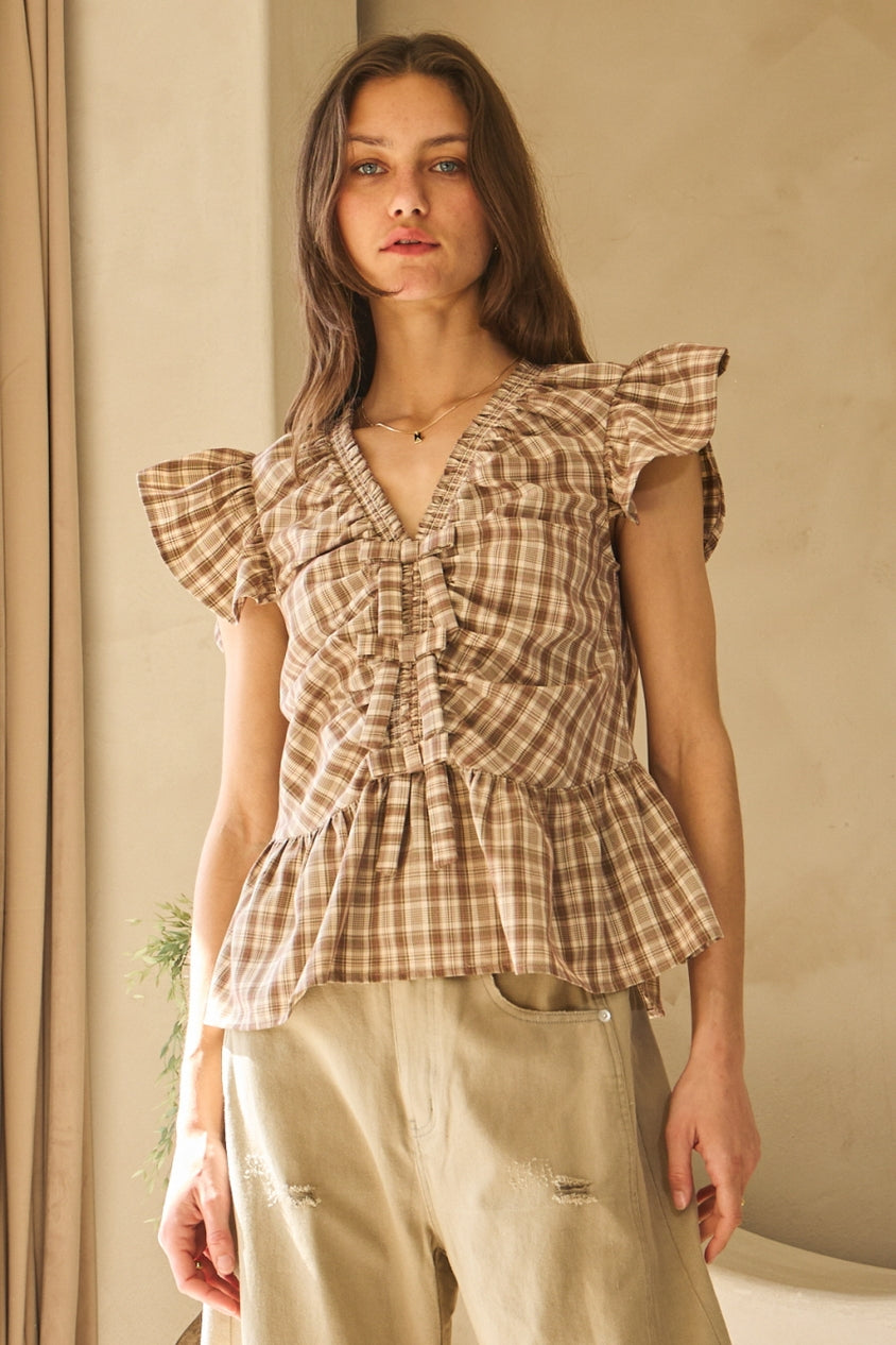 SMALL MOCHA Ruffled Plaid Blouse