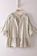 Green Striped Half Bell Sleeve Blouse Top