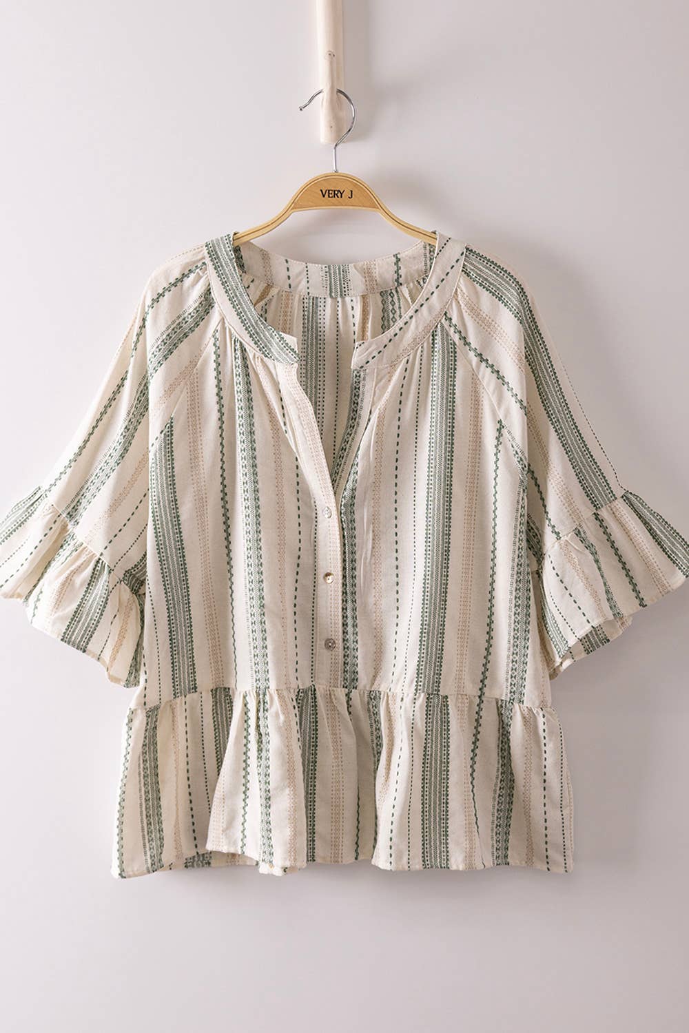 Green Striped Half Bell Sleeve Blouse Top