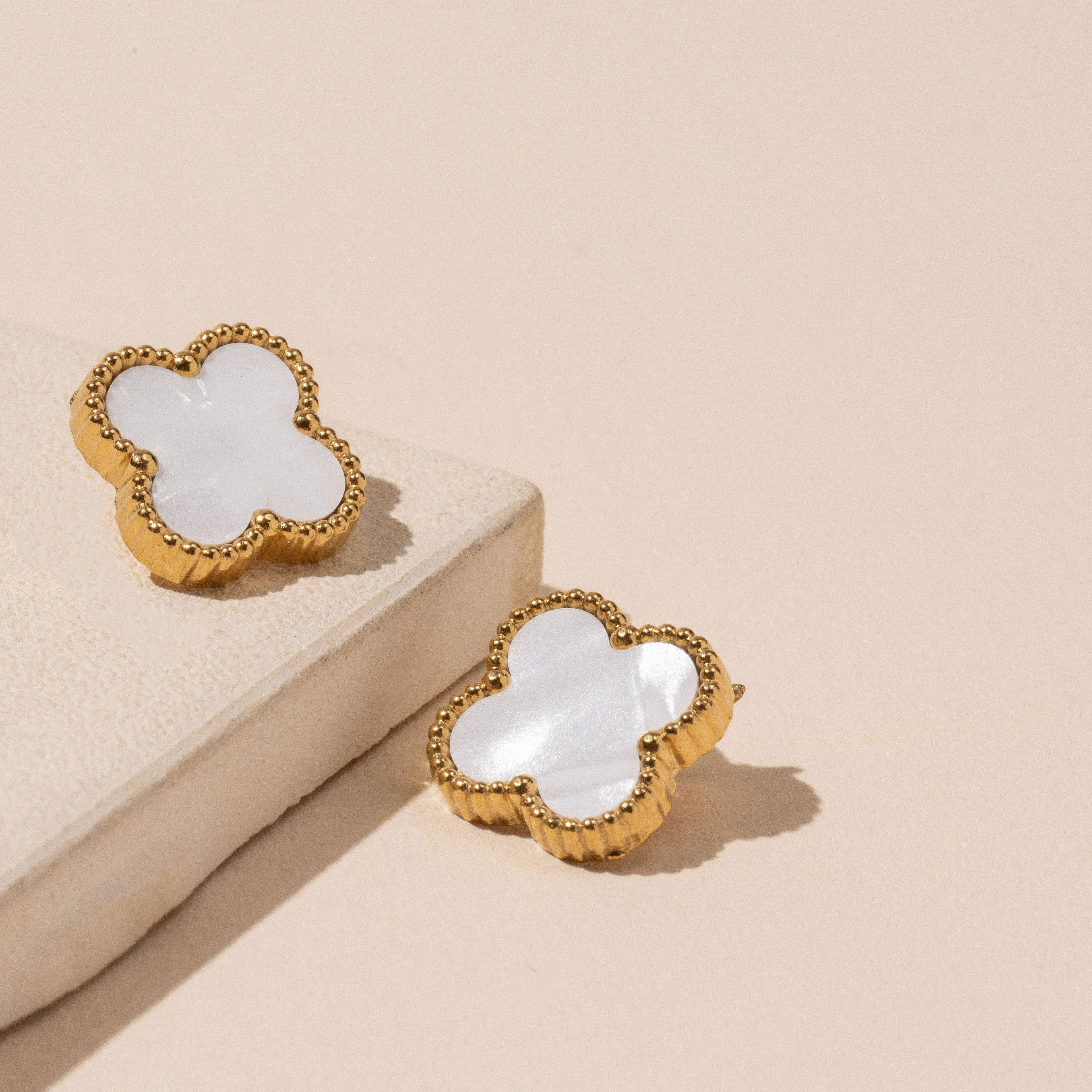 Stainless Steel Clover Stud Earrings: White / One / B4JE003