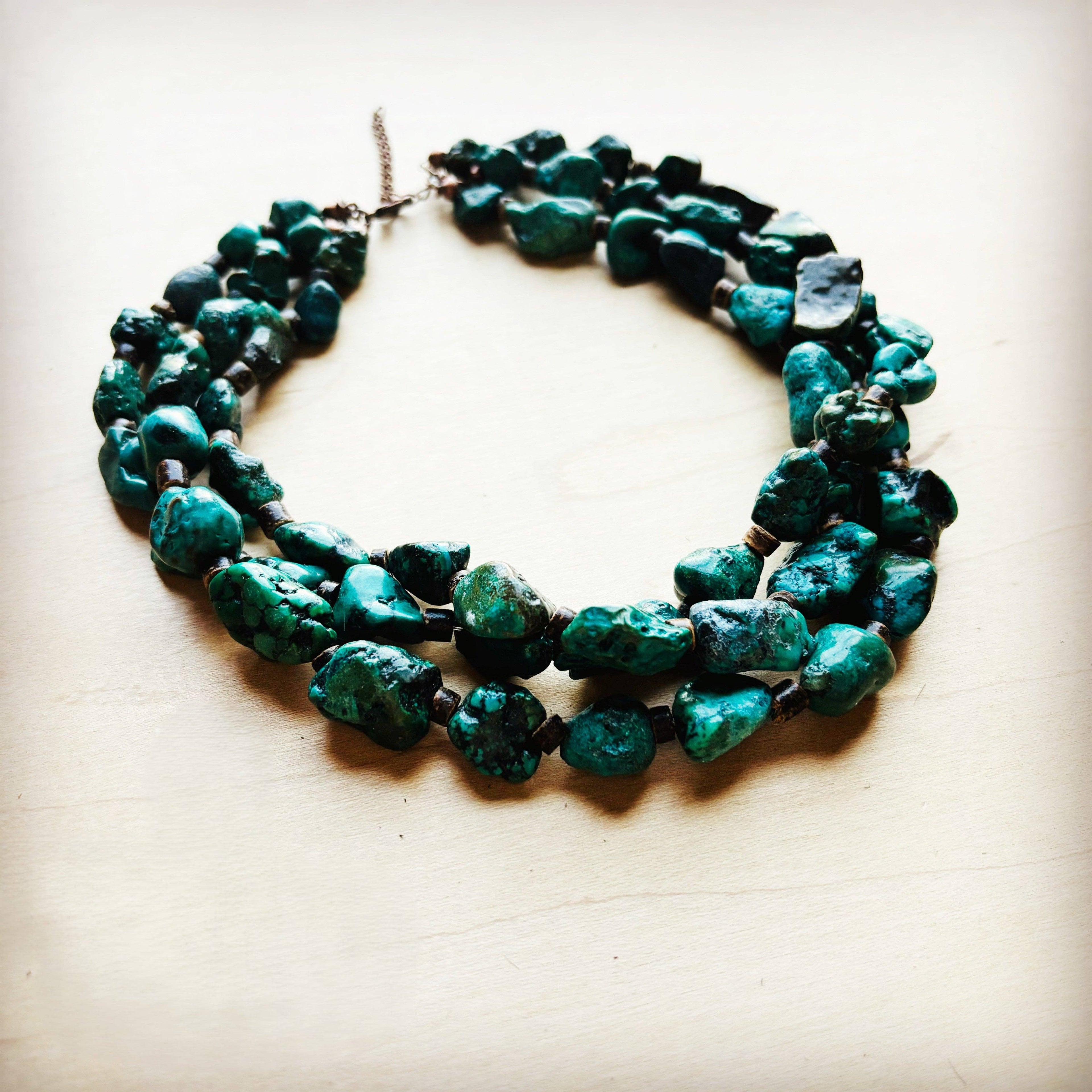 **Large Triple Strand Natural Turqu & Wood Collar Necklace