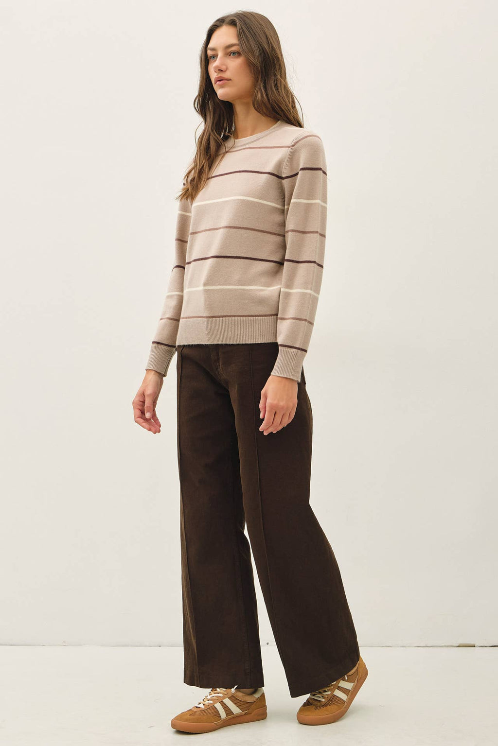 SAND DOUBLE LAYERED LOOK  STRIPE SWEATER TOP