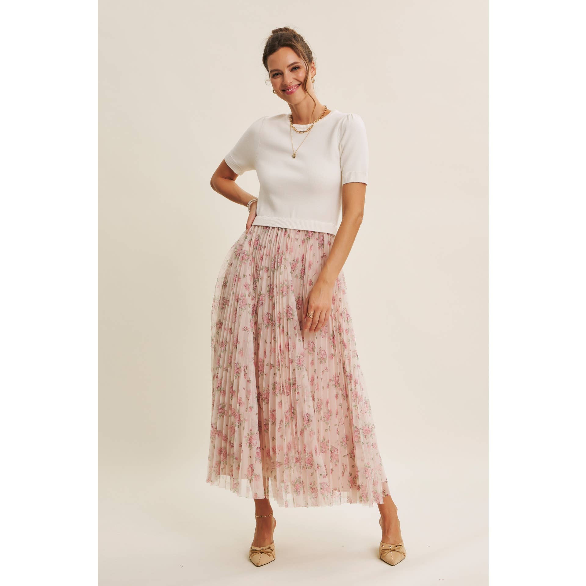 FIELD OF PLEATED WILDFLOWERS SWEATER TWOFER MIDI DRESS: PINK/LILAC