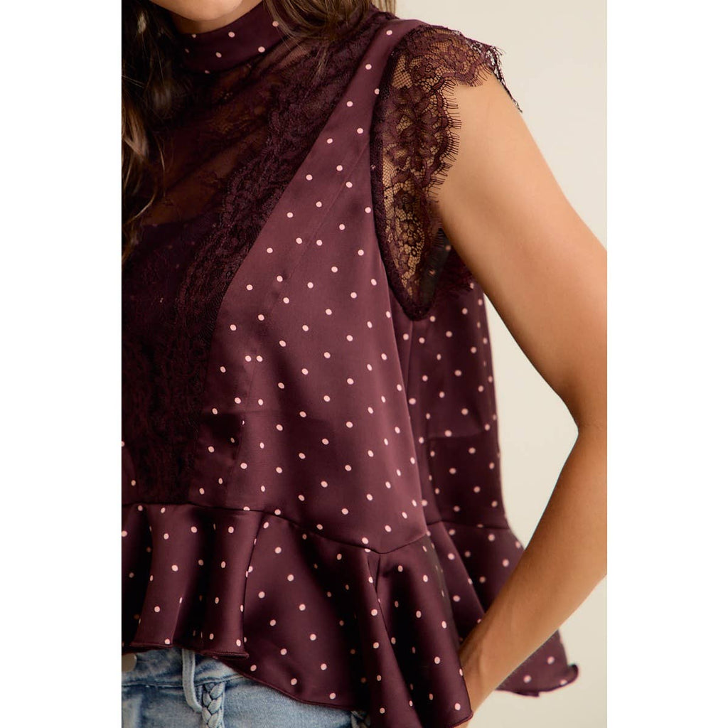 WINE POLKA DOT SATIN LACE TRIM RUFFLED HIGH NECK BLOUSE TOP