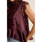 WINE POLKA DOT SATIN LACE TRIM RUFFLED HIGH NECK BLOUSE TOP