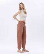 HIGH RISE TWIST BARREL JEANS: COPPER /Flying monkey
