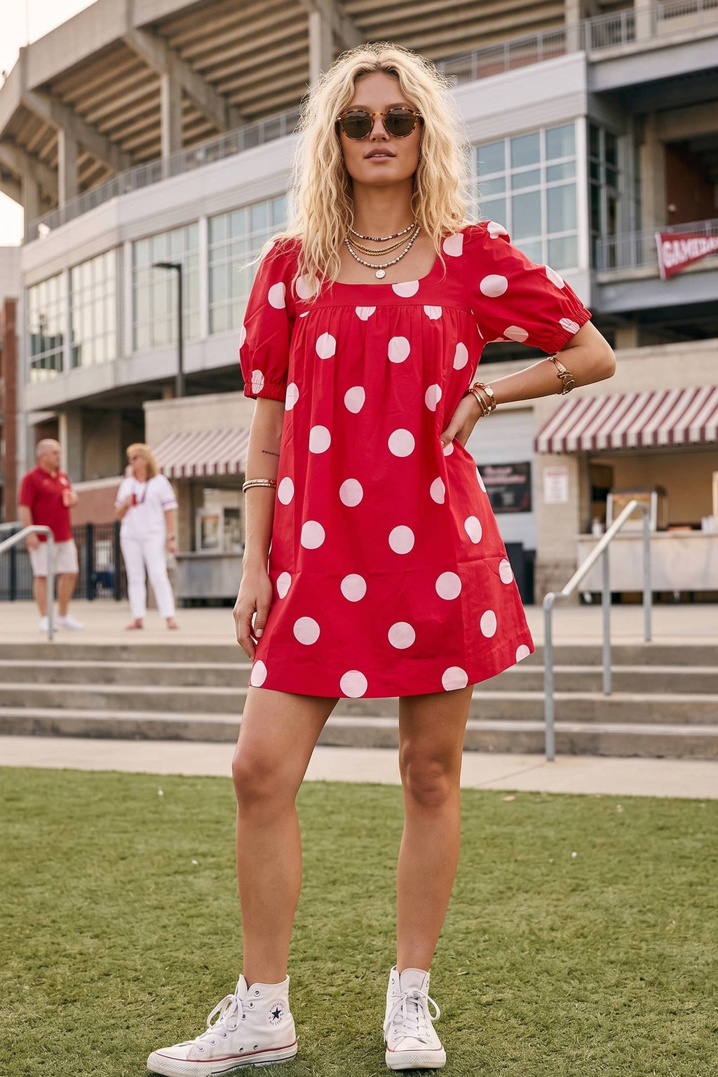 Orange White Gameday Polka Dot Puff Sleeve Dress