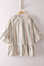 Green Striped Half Bell Sleeve Blouse Top