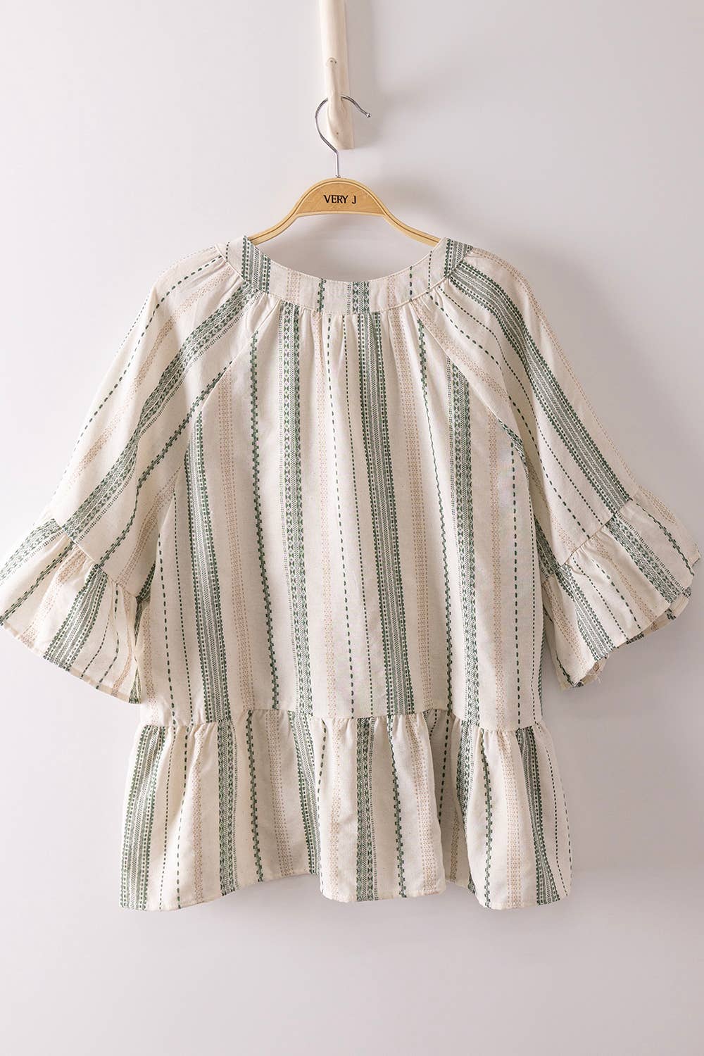 Green Striped Half Bell Sleeve Blouse Top