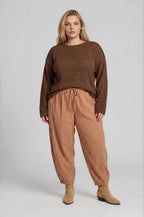 BROWN PLUS TEXTURED RAW EDGE LONG SLEEVE KNIT SWEATER