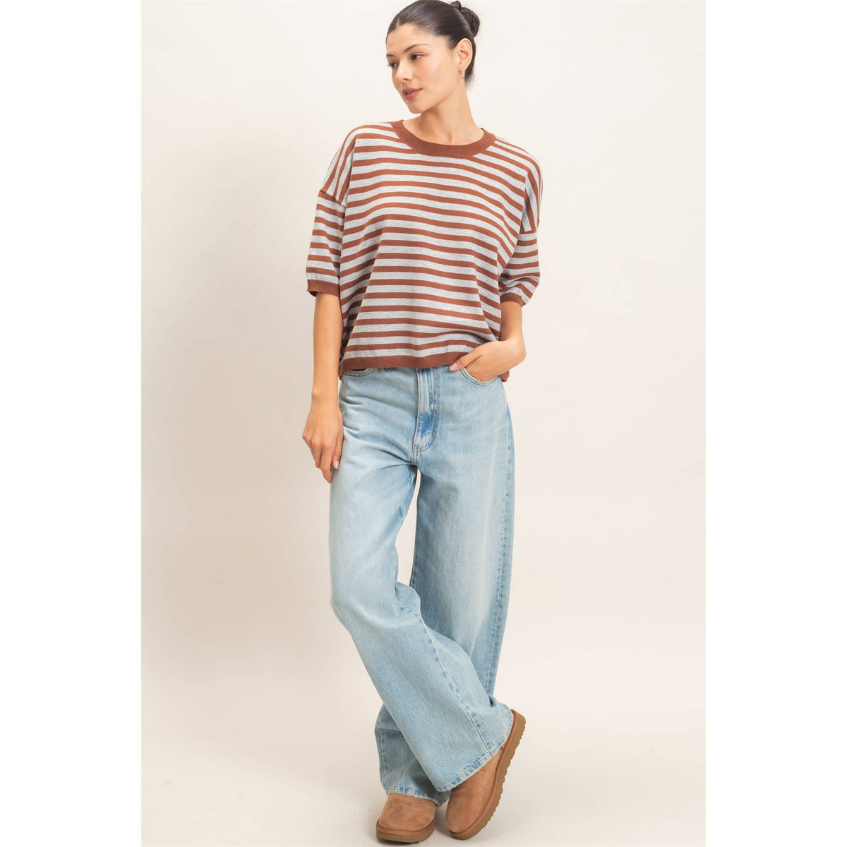 BROWN Striped Crew Neck Sweater – HYFVE – view 4