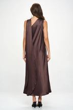 BROWN One Shoulder Satin Maxi Dress with Scarf Detail