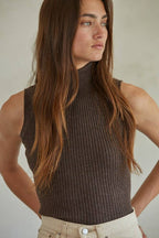 Knit Turtleneck Sleeveless Pullover Top: Dark Chocolate