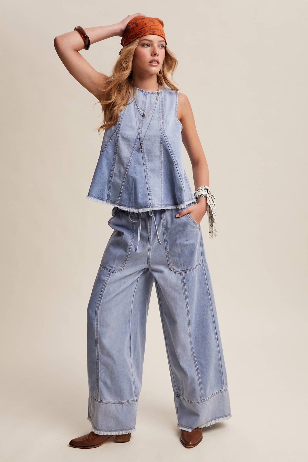 Blue Haze Washed Denim Tank & Wide-Leg Pants Set