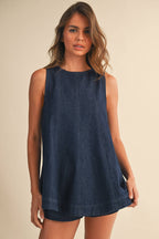 DENIM LONGLINE SLEEVELESS TOP AND SHORTS SET