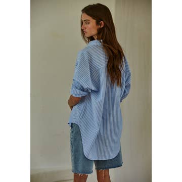 DENIM BLUE WHITE STRIPE BUTTON DOWN BLOUSE