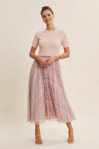 FIELD OF PLEATED WILDFLOWERS SWEATER TWOFER MIDI DRESS: PINK/LILAC