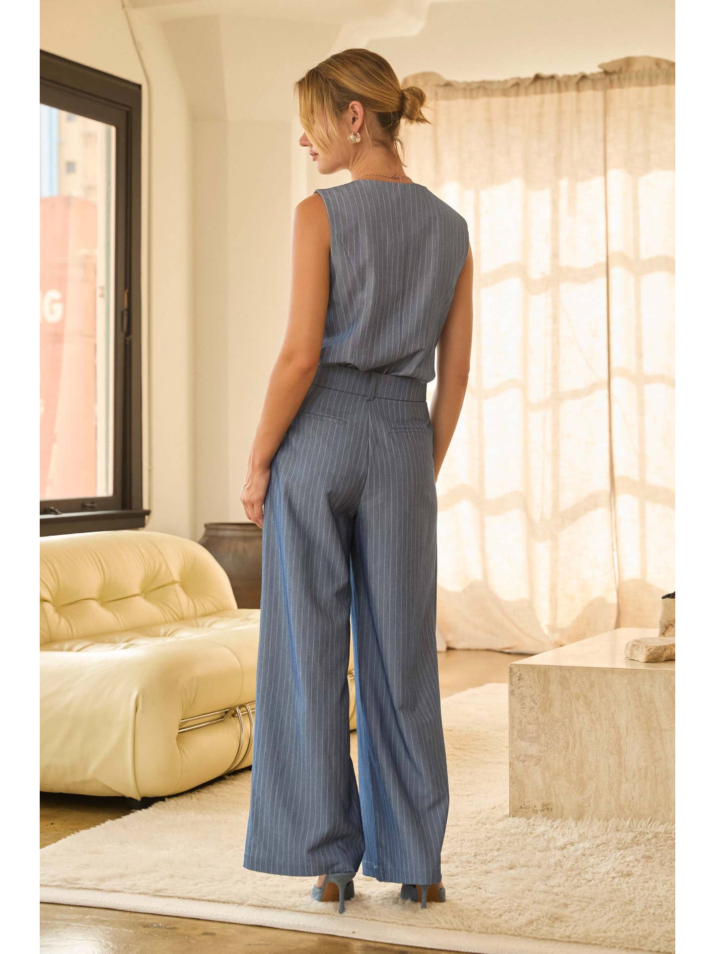 DENIM WHITE WIDE LEG STRIPED PANTS