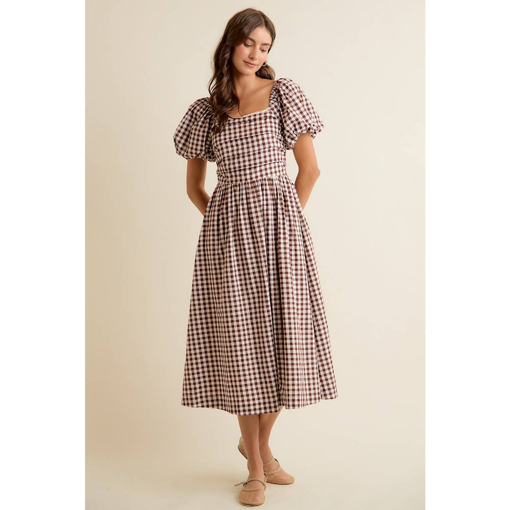 Brown GINGHAM LACE TRIM PUFF SLEEVES LINED MIDI DRESS