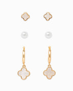 Mother of Pearl Clover Earring Set, Set of 3: White