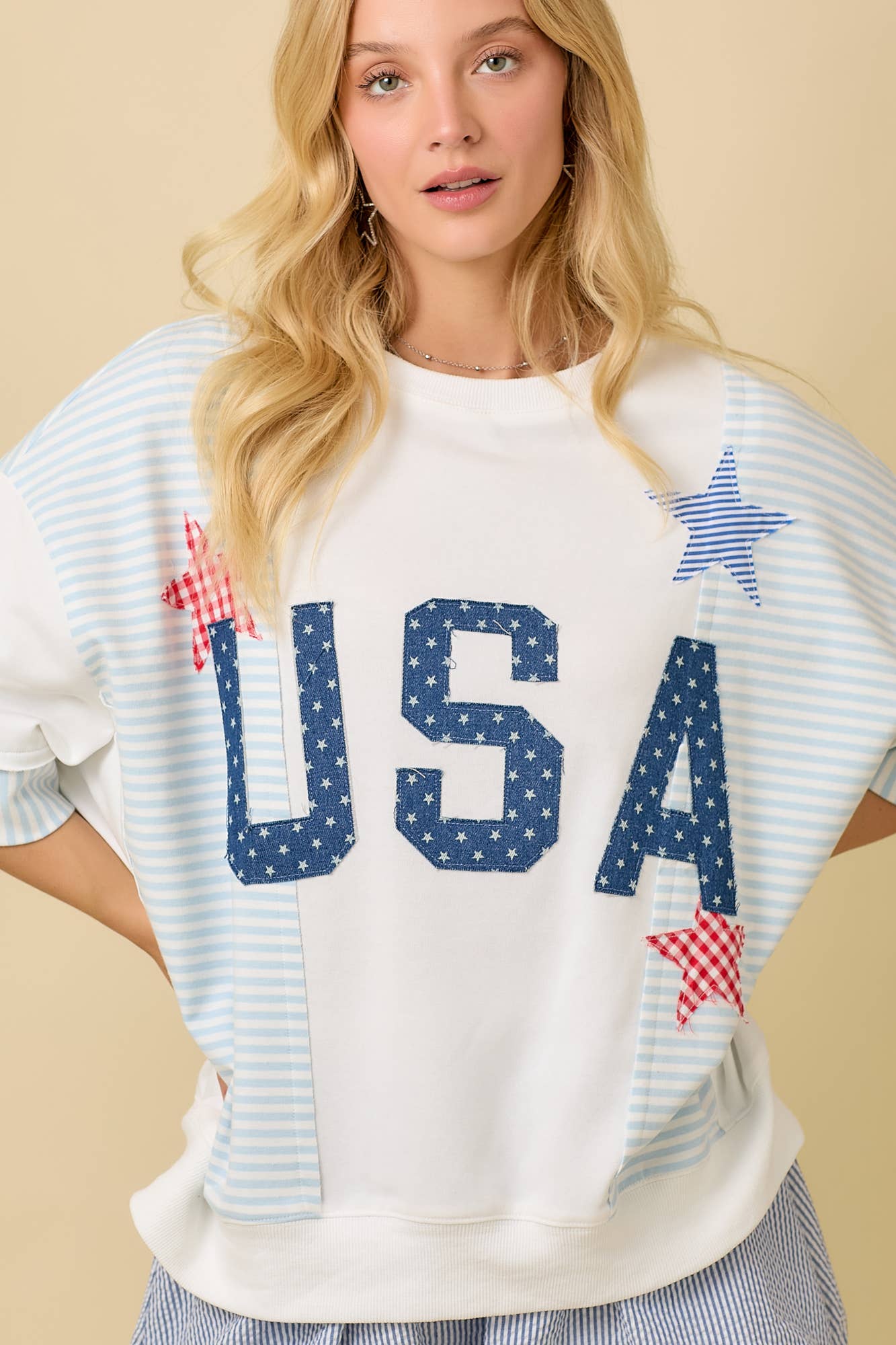 WHITE USA Star Patchwork Oversized Top