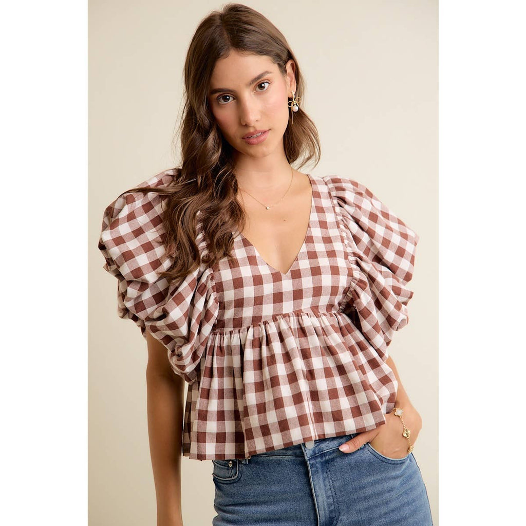 BROWN GINGHAM BUBBLE SLEEVES BACK SMOCKED BLOUSE TOP