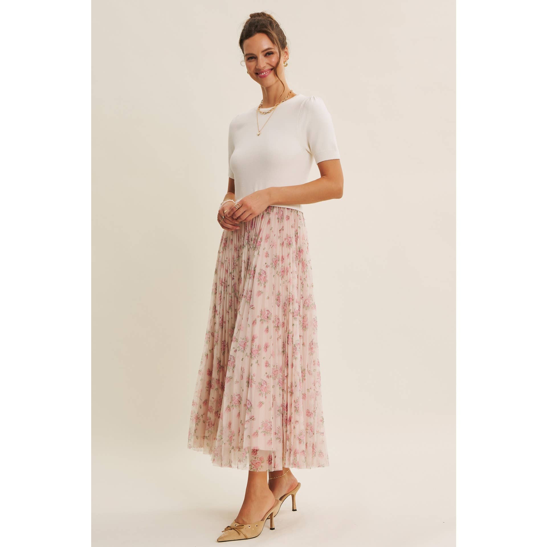 FIELD OF PLEATED WILDFLOWERS SWEATER TWOFER MIDI DRESS: PINK/LILAC